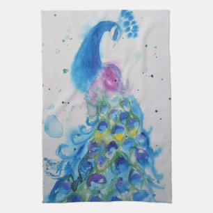 優雅なくじゃくの水彩画 女性向けパステルカラー キッチンタオル