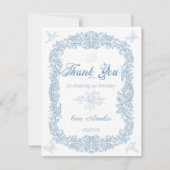 優雅なほこりっぽい青いバロック様式のフレーム赤ちゃんシャワー サンキューカード (正面)