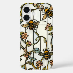 優雅なアール・ヌーヴォー植物画のステンドグラス・ビー iPhone 16ケース