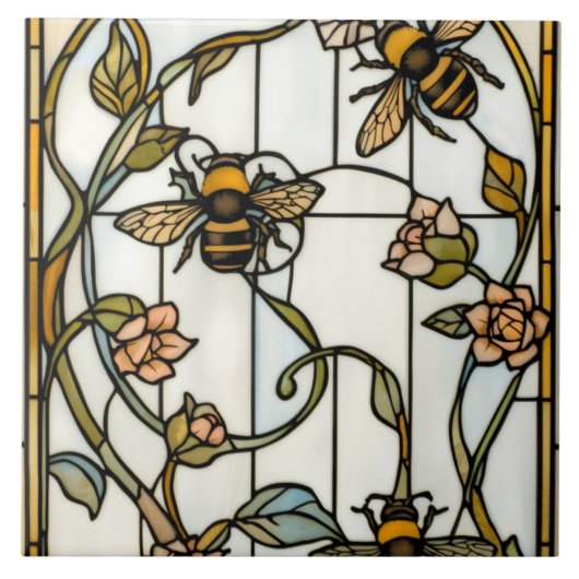 優雅なアール・ヌーヴォー植物画の蜂ステンドグラス タイル (正面)