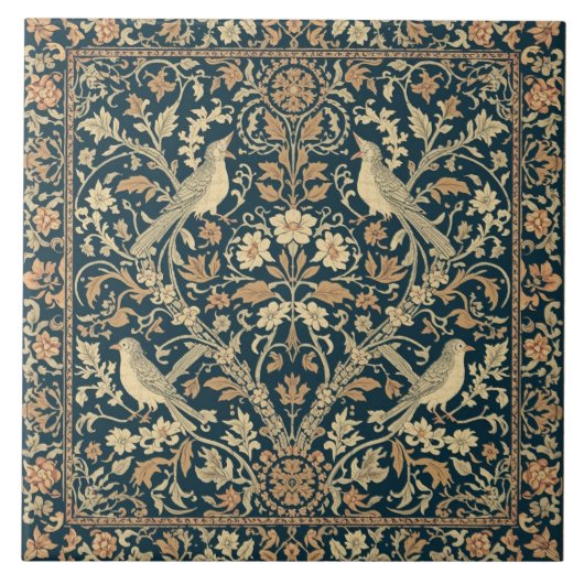 優雅なアール・ヌーヴォー風の花と鳥のビンテージ植物画 タイル (正面)