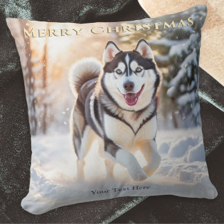 優雅なカスタム ハスキー犬 雪の中のメリークリスマス クッション