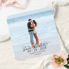 優雅なカリグラフィー写真付き結婚式の事前お知らせ スクエアペーパーコースター