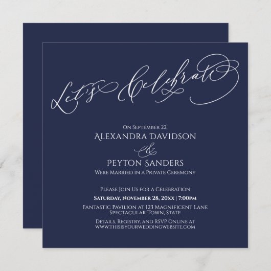 優雅なカリグラフィー ネイビーのレセプションを祝おう 招待状 (正面/裏面)