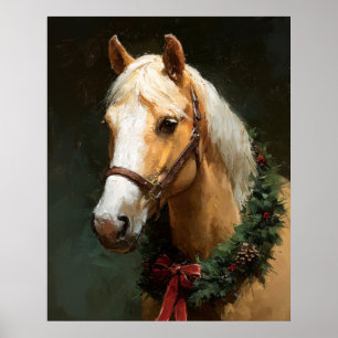 優雅なクリスマスのリースを飾った馬 ポスター