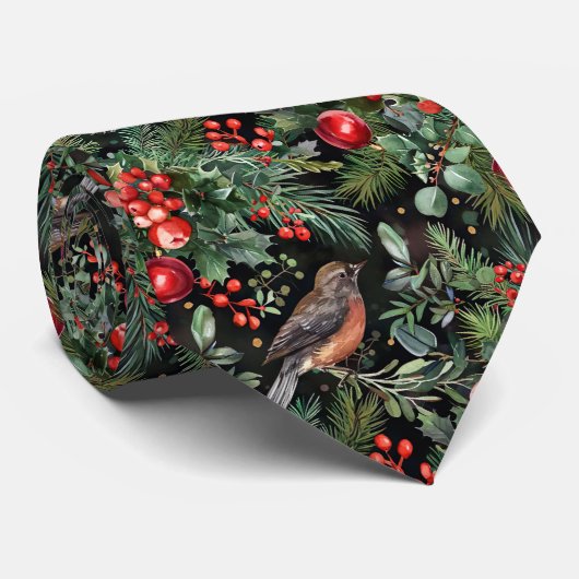 優雅なクリスマスの花と鳥 ネクタイ (ロール)