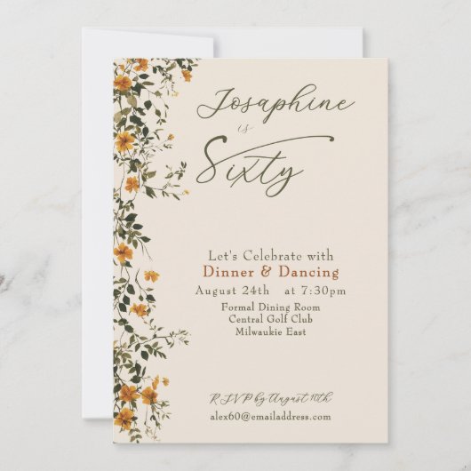 優雅なゴールデンワイルドフラワー　60歳の誕生日 招待状 (正面)