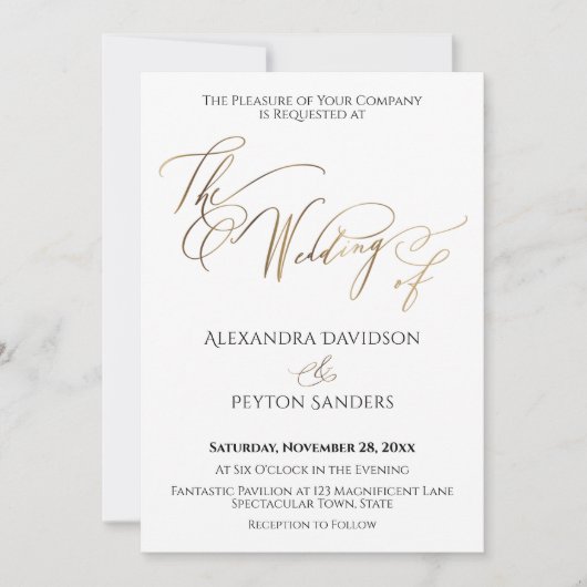 優雅なゴールドのカリグラフィー「結婚式の」 招待状 (正面)