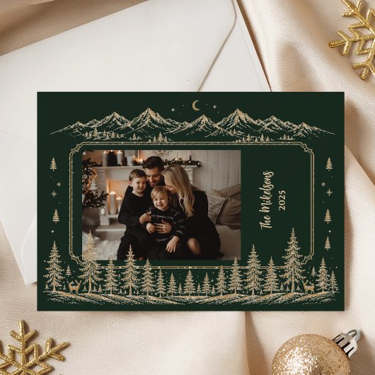 優雅なゴールドのクリスマスツリーの森の写真 シーズンカード