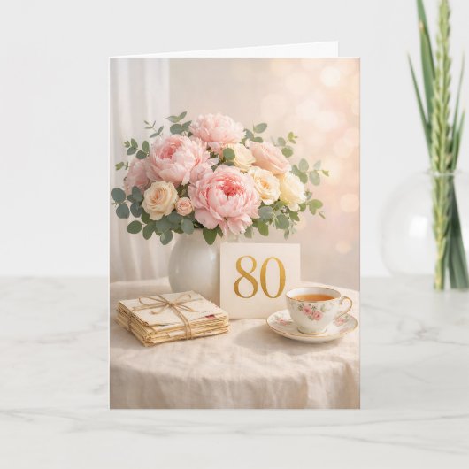 優雅なゴールドの「80」フラワーティーパーティー 80歳の誕生日 カード (正面)