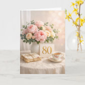 優雅なゴールドの「80」フラワーティーパーティー 80歳の誕生日 カード (黄色い花)