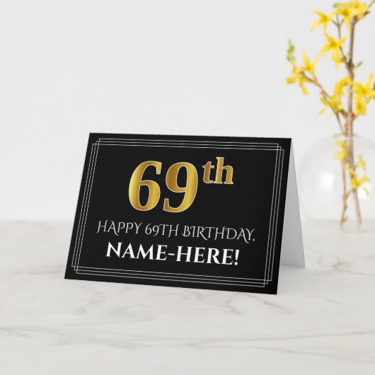 優雅なゴールド調の"69歳"の誕生日 + 名前 カード (黄色い花)