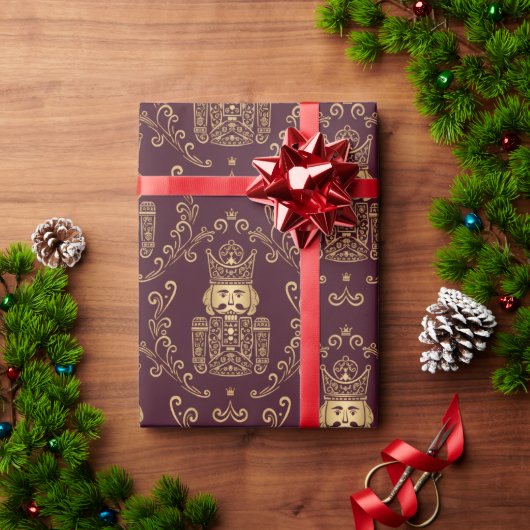 優雅なゴールド・くるみ割り人形のクリスマス・ダマスク柄 ラッピングペーパー (クリスマスギフト)
