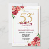 優雅なゴールド+ピンクの花の53歳の誕生日パーティー 招待状 (正面)