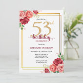優雅なゴールド+ピンクの花の53歳の誕生日パーティー 招待状 (スタンド正面)