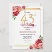 優雅なゴールド+ピンクフラワーの43歳の誕生日パーティー 招待状 (正面)
