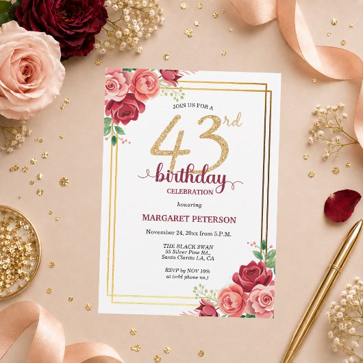 優雅なゴールド+ピンクフラワーの43歳の誕生日パーティー 招待状
