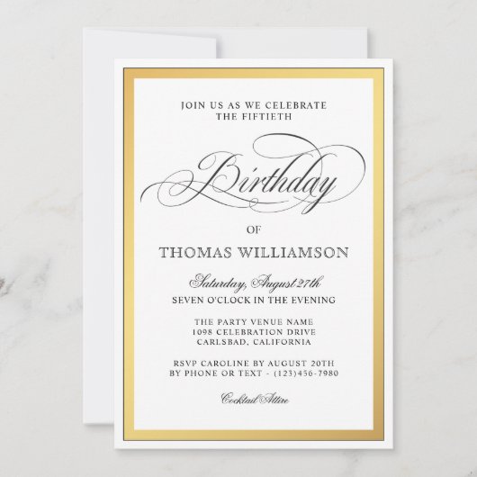 優雅なスクリプトの装飾 ゴールド 50歳の誕生日 招待状 (正面)