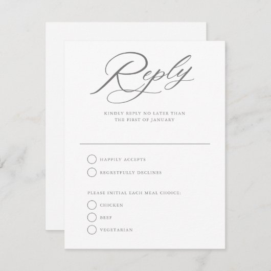 優雅なスクリプト結婚式白返信 RSVP カード (正面/裏面)