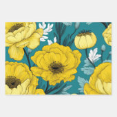 優雅なティール(緑がかった色)、黄色と白のフローラ ラッピングペーパーシート (正面2)