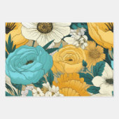 優雅なティール(緑がかった色)、黄色と白のフローラ ラッピングペーパーシート (正面)