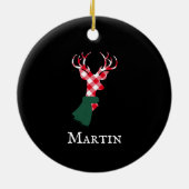 優雅なトナカイ赤い格子柄のパーソナライズされた名前 セラミックオーナメント (裏面)