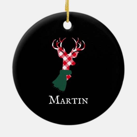 優雅なトナカイ赤い格子柄のパーソナライズされた名前 セラミックオーナメント (裏面)