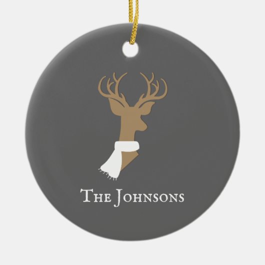 優雅なトナカイ金ゴールド&グレパーソナライズされたー セラミックオーナメント (正面)