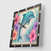 優雅なドルフィンフローラアート スクエア壁時計 (傾斜)