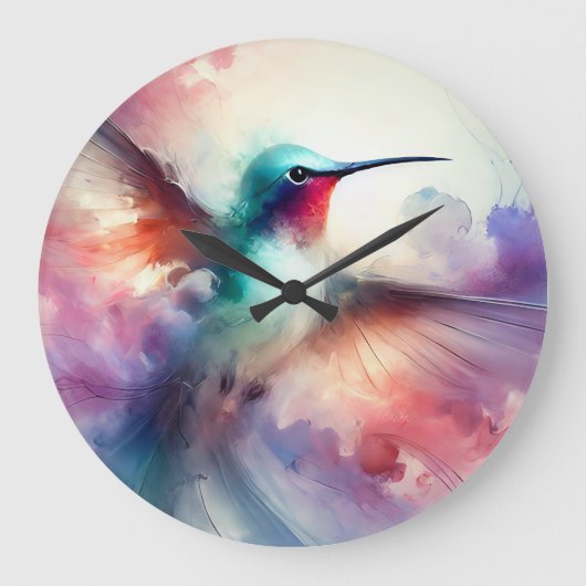 優雅なハチドリの水彩画 ラージ壁時計 (正面)