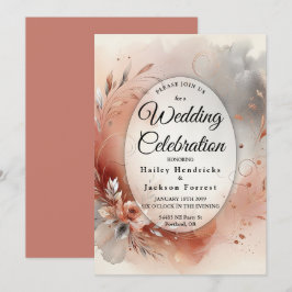 優雅なバラと銀の渦巻きのウェディング 招待状