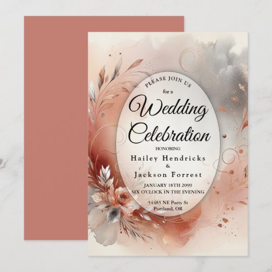 優雅なバラと銀の渦巻きのウェディング 招待状 (正面/裏面)