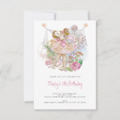 優雅なバレリーナ ピンクの女の子 5歳の誕生日パーティー 招待状 (正面)