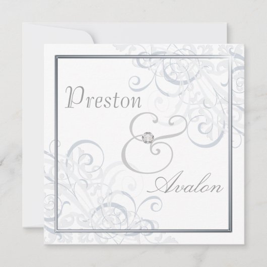 優雅なバロック様式のシルバースクロールホワイト招待状 招待状 (正面)