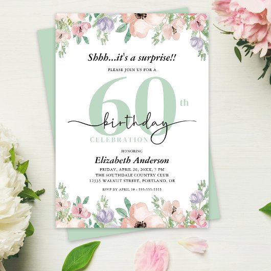優雅なパステルカラーの花をあしらった60歳の誕生日サプライズパーティー 招待状
