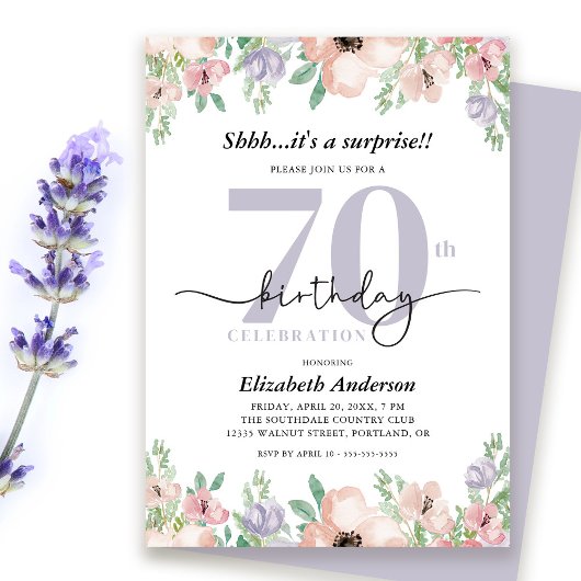 優雅なパステルフラワーの70歳の誕生日サプライズパーティー 招待状