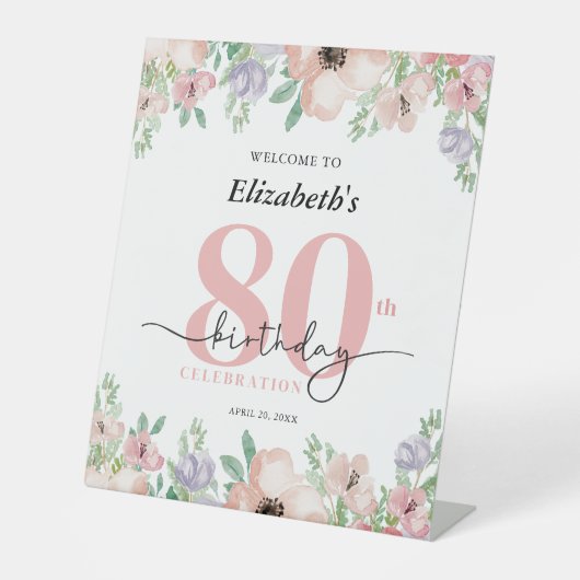 優雅なパステルフラワーの80歳の誕生日パーティーウェルカム 台座サイン (正面)