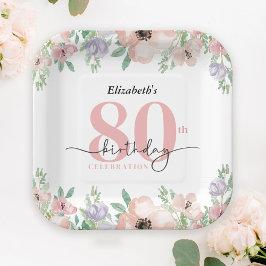 優雅なパステルフラワーの80歳の誕生日パーティー ペーパープレート