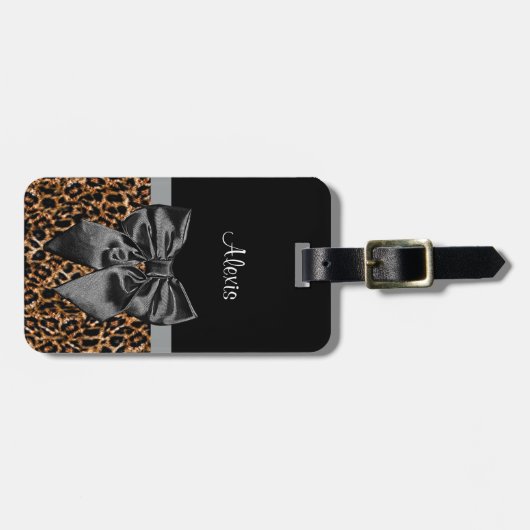 優雅なヒョウのプリントのエレガントで黒い弓および名前 ラゲッジタグ (正面横)
