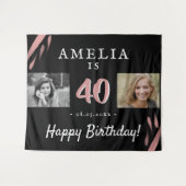 優雅なピンクと黒の40歳お誕生日2ショット背景 タペストリー (正面(横))