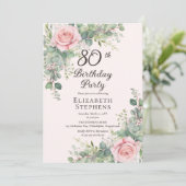 優雅なピンクのバラとユーカリの80歳の誕生日パーティー 招待状 (スタンド正面)