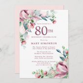 優雅なピンクのバラの花の80歳の誕生日 招待状 (正面/裏面)
