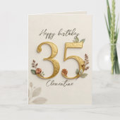 優雅なピンクのボタニカル ゴールド調 35歳の誕生日 カード (正面)