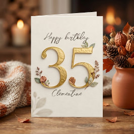 優雅なピンクのボタニカル ゴールド調 35歳の誕生日 カード