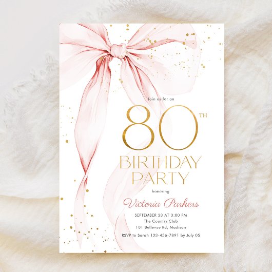 優雅なピンクのリボンの80歳の誕生日招待状 招待状