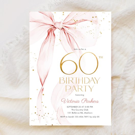 優雅なピンクのリボン 60歳の誕生日 招待状