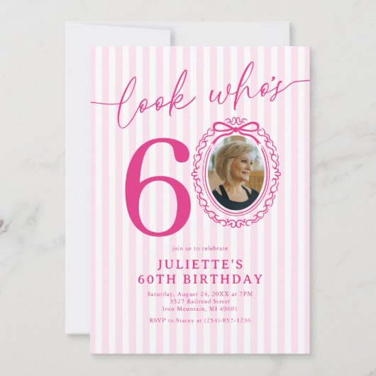 優雅なピンクの縞模様の60歳の誕生日写真 招待状 (正面)