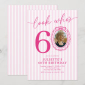 優雅なピンクの縞模様の60歳の誕生日写真 招待状 (正面/裏面)