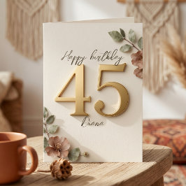 優雅なピンクの花とゴールドの45歳の誕生日 カード