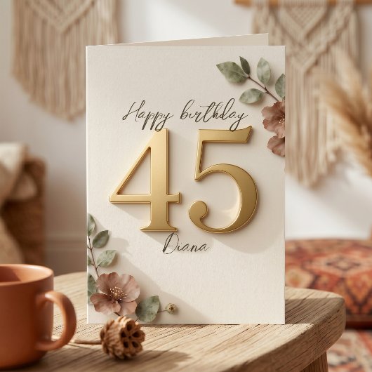 優雅なピンクの花とゴールドの45歳の誕生日 カード